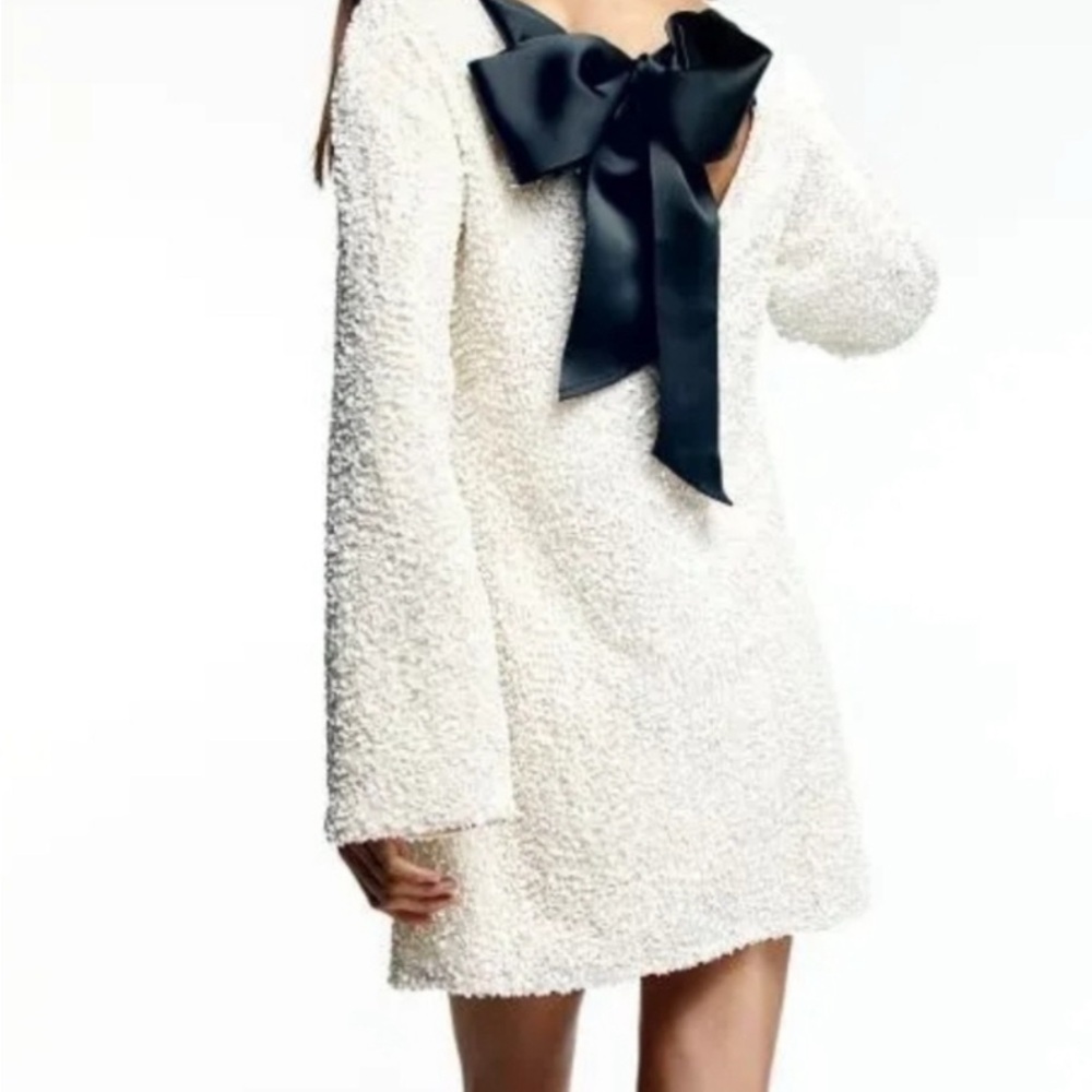H&M Cream Sequin Long Sleeve Dress with Black Bow